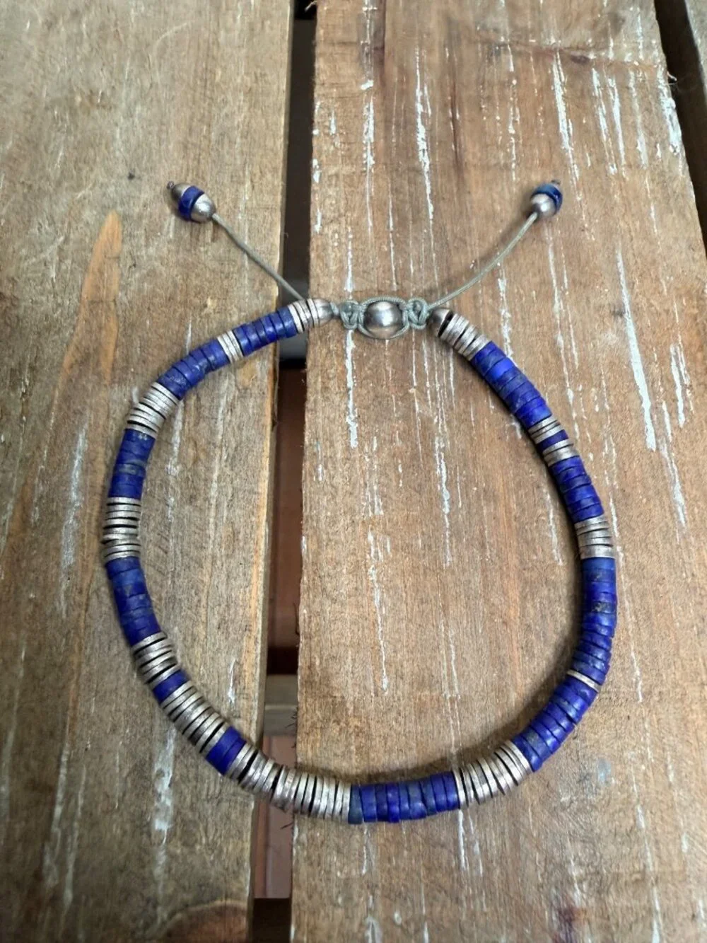 M.Cohen Blue & 925 Sterling Silver Disc Beaded Adjustable Bracelet